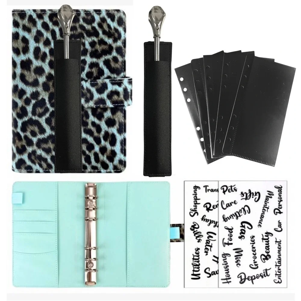 CASH ENVELOPE STUFFING METHOD, A6 AQUA BLUE ANIMAL PRINT Binder BUNDLE
